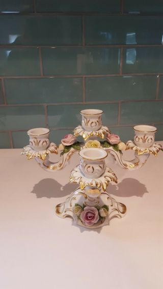 Vintage Porcelain 5 Taper Candelabra Holder Pink Roses Kaiser W Germany