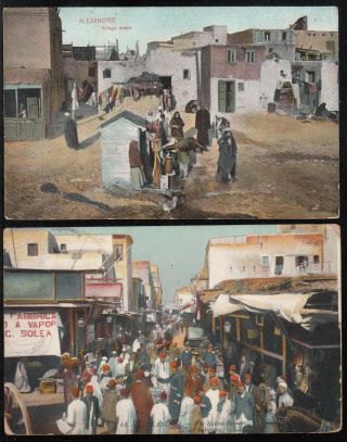 Egypt 1910/12 Old 2 Postcards From Alexandria Arab Village & Native Bazar