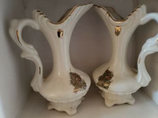 Tall Vintage Ceramic Pottery Handled Urn Type Vases Peacock Design,  Gold Trim