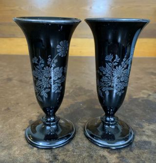 Pair (2) Le Smith Art Deco Black Amethyst Glass Sterling Silver Overlay Bud Vase