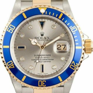 Rolex Submariner 18k Yellow Gold/steel Serti Diamond Dial Watch 16613