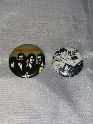 Two Vintage Punk Rock Pin Buttons The Clash And Black Flag