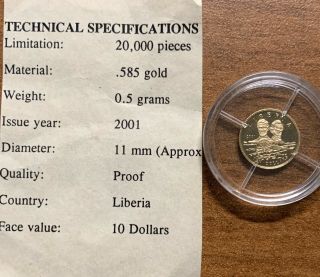 2001 Liberia $10 0.  5 Gram 14kt Commemorative Gold Coin - Civil War W/