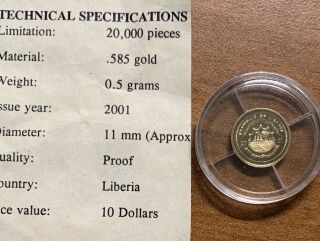 2001 Liberia $10 0.  5 Gram 14kt Commemorative Gold Coin - Civil War w/ 2