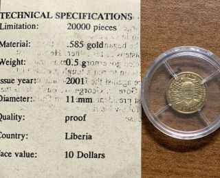 2000 Liberia $10 0.  5 Gram 14kt Commemorative Gold Coin President George Bush