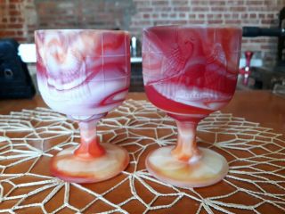 Vintage Imperial Slag Glass Red White Orange Eagle Small Goblets Set 2 End Day