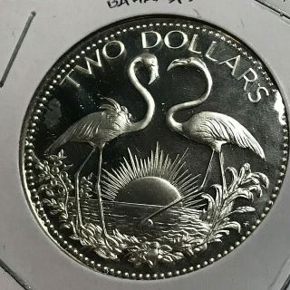 1974 Bahamas Silver Two Dollars Flamingos Proof Brilliant Uncirculated Crown