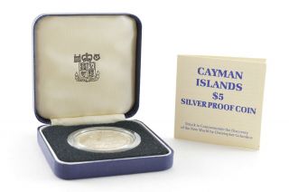 1988 Cayman Islands Sterling Silver Pf 5 Dollars - Columbus - Box & 075