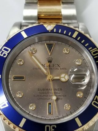 Rolex Submariner 16613 18k Gold SS Tropical Diamond Sapphire Serti Dial Watch 2