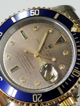 Rolex Submariner 16613 18k Gold SS Tropical Diamond Sapphire Serti Dial Watch 3