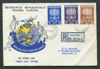 07.  04.  1962 Malaysia Malaya Set Stamps On Registered Fdc Singapore Reg.  Cds Pmk