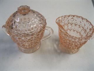Holiday Button And Bows Pink Depression Glass Creamer & Sugar Bowl W/lid