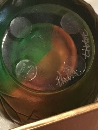 NIB Signed TITTOT Art glass Green Amber Iridescent Small 3.  75” Vase 2