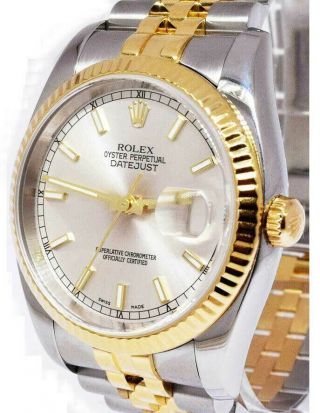 Rolex Datejust 18k Yellow Gold & Steel Silver Index Dial Mens 36mm Watch 116233