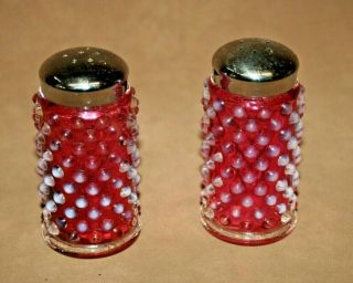 Pair Vintage Fenton Hobnail Cranberry Art Glass 3 " Tall Salt & Pepper Shakers