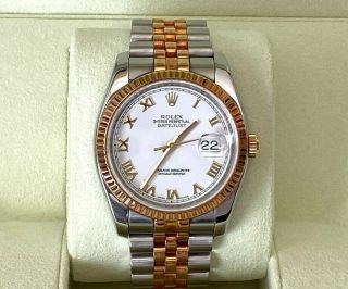 Rolex Datejust 36mm White Dial Roman Numbers Jubilee White Gold Bezel 116233
