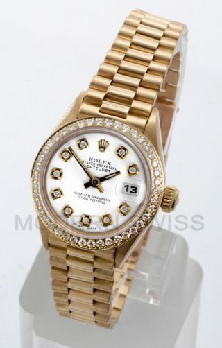 Rolex Ladies President 18k Yellow Gold White Diamond Dial & Bezel 69178 Quickset