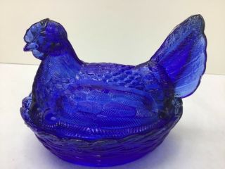 Cobalt Blue Glass Hen On A Nest Candy Dish 6 1/2” Wide X 5” Tall