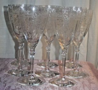 Set Of 8 Fostoria June Clear 8 1/4 " Crystal Etched Water Goblet Stems Footed