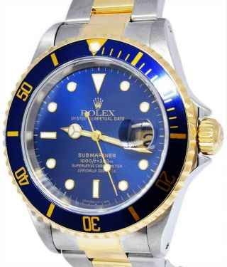 Rolex Submariner 18k Yellow Gold & Steel Blue Dial/bezel Mens 40mm Watch 16613