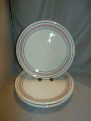 3 C.  1976 Vtg.  Mccoy Pottery Dinner Plates Off White W/ Pink & Blue Trim 10 1/4 "