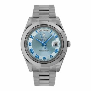 Rolex Day - Date Ii Platinum Ice Blue Circles Roman Dial 41mm Watch 218206