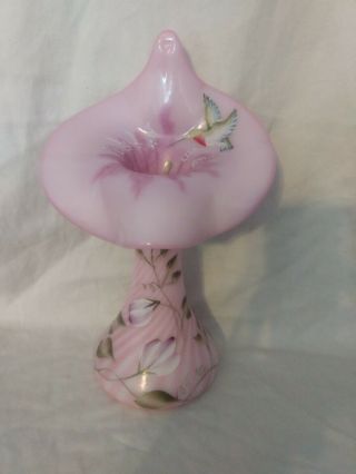 Fenton Artist Signed Pink Tulip Vase Hummingbird Tag Art Glass Hand Painted 2