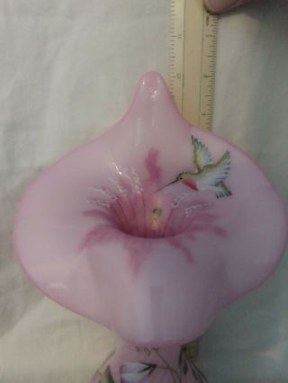 Fenton Artist Signed Pink Tulip Vase Hummingbird Tag Art Glass Hand Painted 2 2