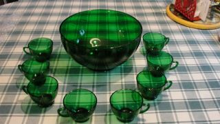Vintage Anchor Hocking Forest Green Punch Bowl With 8 Cups