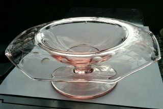 Vintage Pink Depression Glass Footed Candy Dish W/ Etched Flower Design Compote