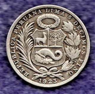 1923 Peru Un Sol Large Silver Dollar Crown Seated Liberty Scarce No=resv