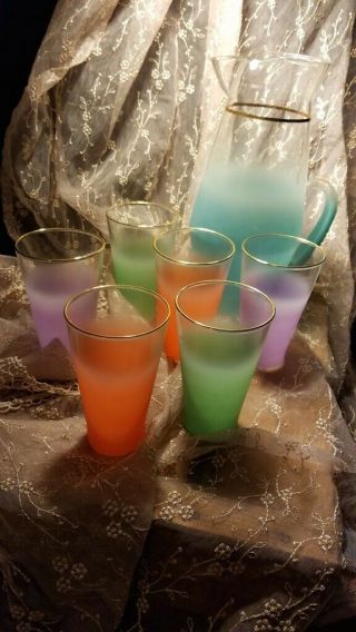 Vintage Blendo Cocktail Pitcher & Set Of 6 Glasses Retro West Virginia Glass