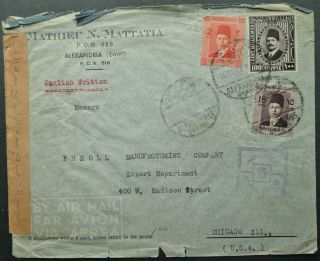 Egypt 30 Oct 1941 Airmail Cover From Alexandria To Chicago,  Usa - Censored