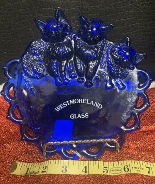 Vintage Westmoreland Glass Cobalt Blue Three Kittens Cats Plate