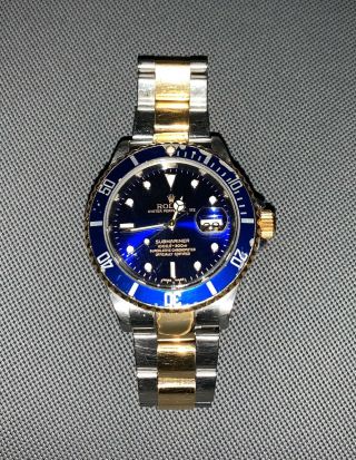 Mens Rolex Submariner Date Two Tone 18k Yellow Gold & Ss W/ Blue Dial