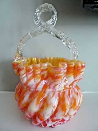 Franz Welz Bohemian Czech Art Glass Thorn Handle Spatter Swirl Cased Basket