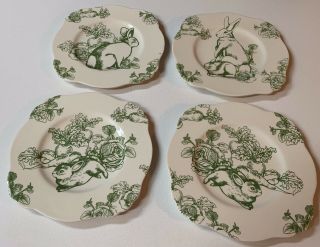 10” J.  Willfred Bunny Toile Luncheon Plates.  Set Of 4 Green And Off - White Plates