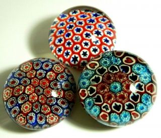 3 Vintage Murano Art Glass Millefiori Paperweight Multicolor Collectible - Italy