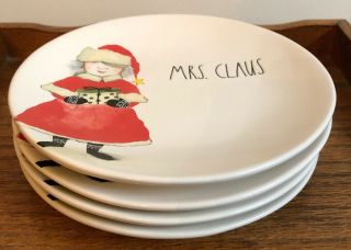 Rae Dunn Mrs Santa Claus 8” Plates 2019 Design Set Of 4 Ceramic