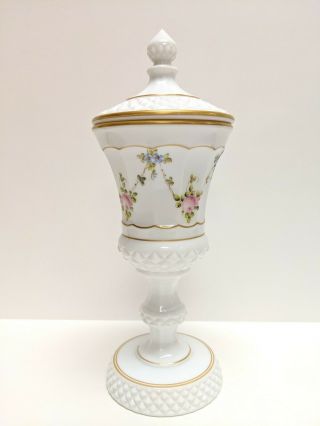 Vintage Westmoreland Milk Glass Tall Urn Candy Compote Hand Painted Roses & Bows