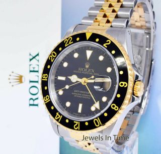 Rolex GMT - Master II 18k Yellow Gold/Steel Black Mens Watch & Box W 16713 2