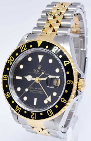 Rolex GMT - Master II 18k Yellow Gold/Steel Black Mens Watch & Box W 16713 3
