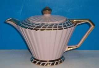 Vintage Sadler England Fluted Soft Pink & Gold Art Deco Teapot Signed