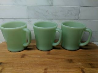 3 Vintage Fire King Jadeite Oven Ware D Handle Coffee Mugs / Cups Set Of 3 Green