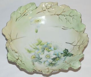 Large Antique Rs Prussia Porcelain Leaf Mold 10 " Bowl,  Hand Painted Flowers
