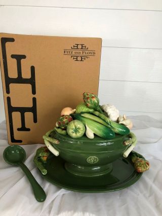 Fitz & Floyd Giardino Vegetable Tureen With Planter Top & Platter & Ladle Nib