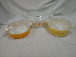 Vintage Pyrex Town And Country Casserole Set 471 472 473 Brown Yellow Orange