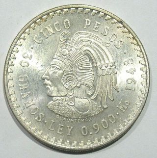 1948 Mexico Cinco 5 Pesos.  900 Fine Silver