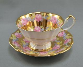Queen Anne England Heavy Gold & Pink Roses Bone China Teacup Cup & Saucer Nr