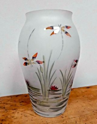 Frosted Glass Vase Lustre Dragonflies,  Water Lilies,  Lakeside Scene